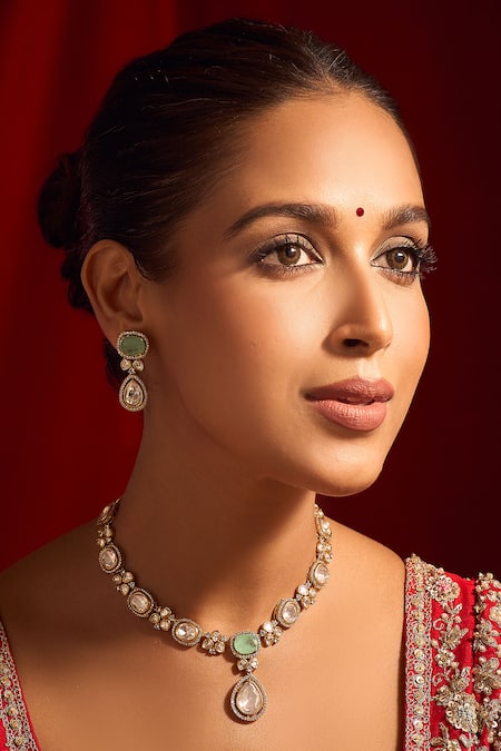 Shop_Nazaakat By Samara Singh_Mint Zari Green Kundan Necklace And Earring Set 