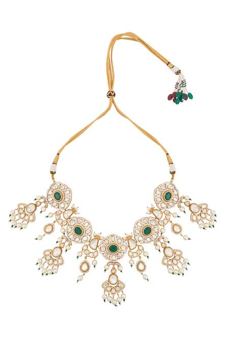 Shop Nazaakat By Samara Singh Green Zari Kundan Necklace Set Shop_Nazaakat By Samara Singh_Green Zari Kundan Necklace Set