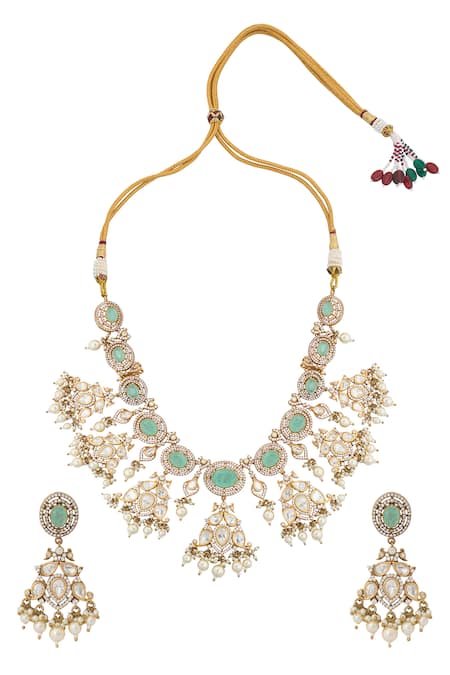 Nazaakat By Samara Singh Mint Green Kundan Necklace & Earrings Set 