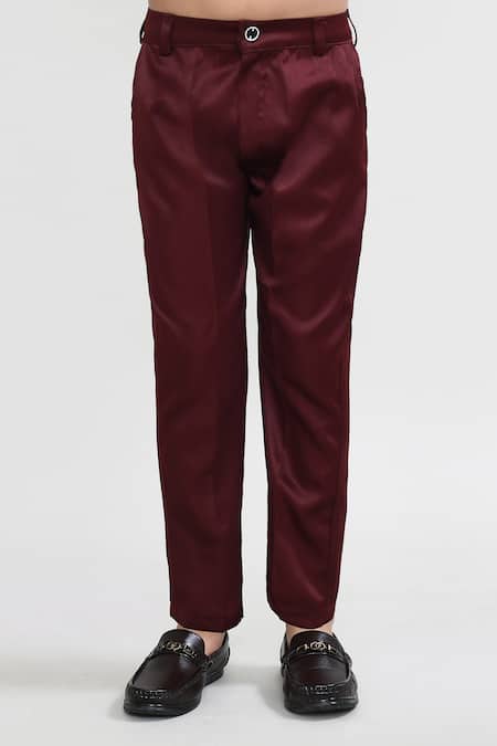 Petite Pomme_Wine Velvet, Polyester Embroidery Blazer Trouser Waistcoat Set _at_Aza_Fashions