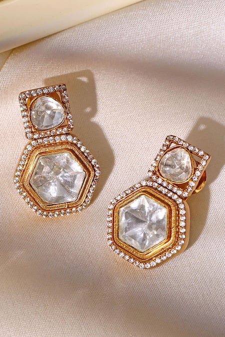 Shop Ruby Raang Gold Plated Square Kundan Earrings at Aza Fashions Shop_Ruby Raang_Gold Plated Square Kundan Earrings _at_Aza_Fashions