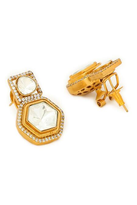 Shop_Ruby Raang_Gold Plated Square Kundan Earrings _Online_at_Aza_Fashions
