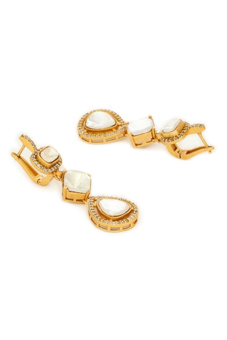 Shop_Ruby Raang_Gold Plated Stones Long Kundan Earrings _Online_at_Aza_Fashions