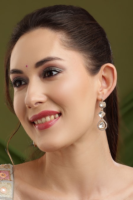 Ruby Raang Gold Plated Stones Long Kundan Earrings 