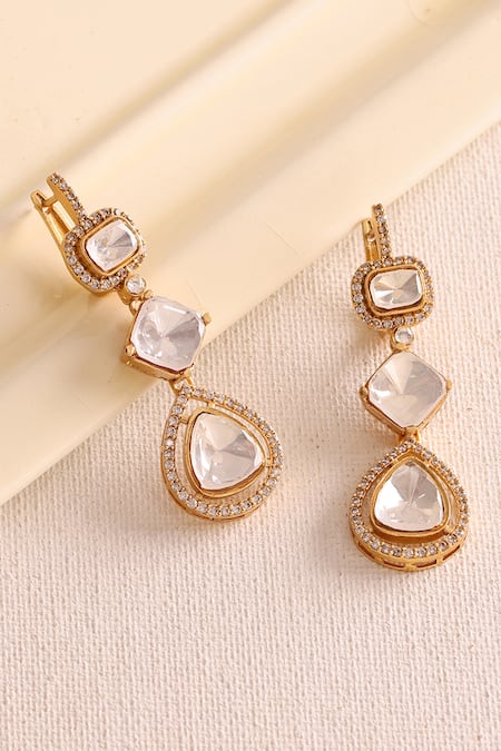 Shop_Ruby Raang_Gold Plated Stones Long Kundan Earrings _at_Aza_Fashions