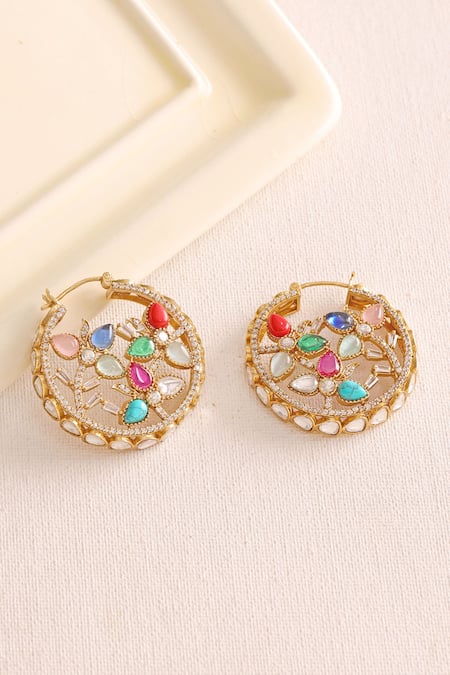 Shop Ruby Raang Multi Color Gemstones, Navratan Round Earrings at Aza Fashions Shop_Ruby Raang_Multi Color Gemstones, Navratan Round Earrings _at_Aza_Fashions