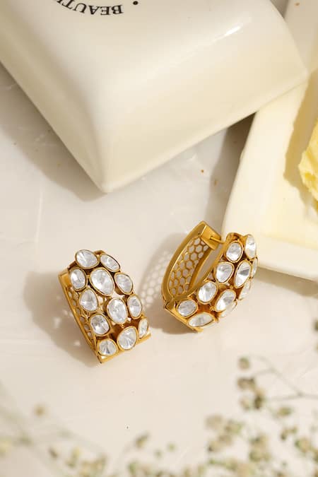 Shop_Ruby Raang_Gold Plated Stones Kundan Circular Earrings _at_Aza_Fashions