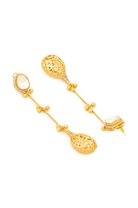 Shop_Ruby Raang_Gold Plated Kundan Antique Finish Long Earrings _Online_at_Aza_Fashions