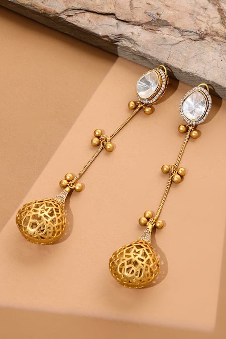 Shop_Ruby Raang_Gold Plated Kundan Antique Finish Long Earrings _at_Aza_Fashions