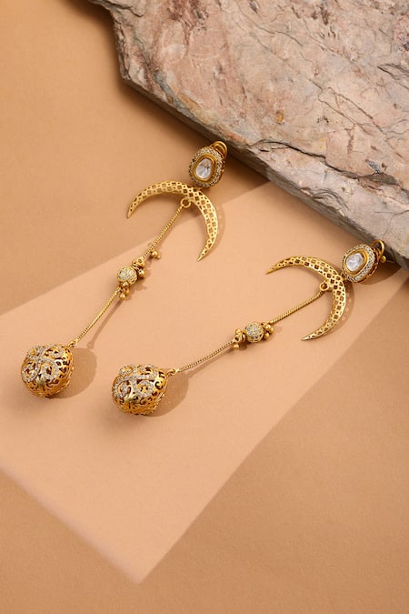 Shop_Ruby Raang_Gold Plated Kundan Long Earrings _at_Aza_Fashions