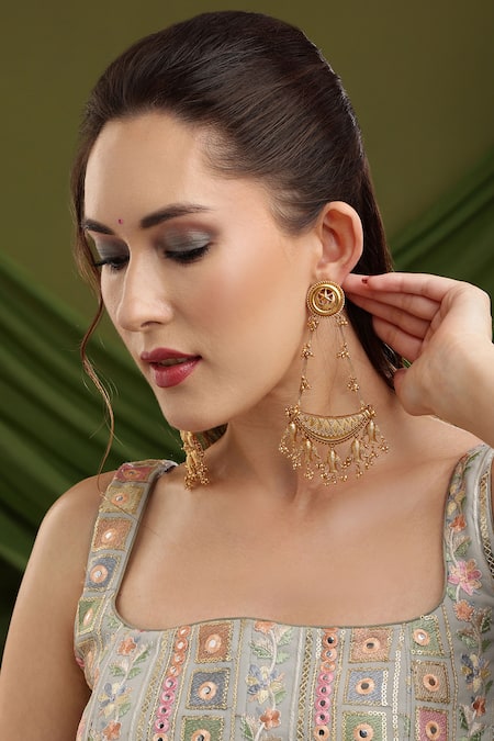 Ruby Raang Gold Plated Beads Antique Finish Earrings 