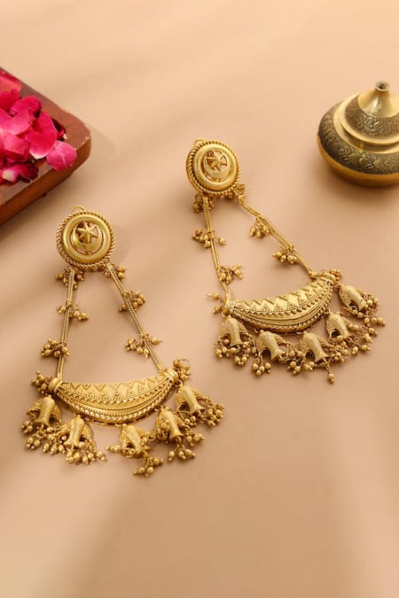 Shop_Ruby Raang_Gold Plated Beads Antique Finish Earrings _at_Aza_Fashions