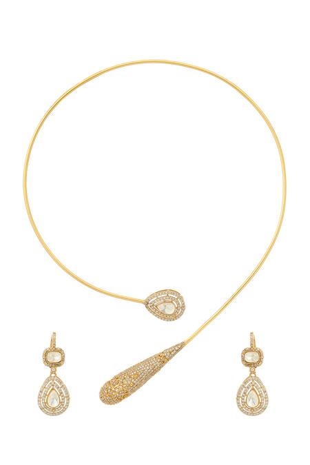 Shop_Ruby Raang_Gold Plated Stones, Crystals Antique Finish Earrings And Necklace Set _Online_at_Aza_Fashions