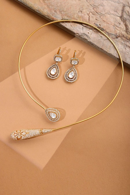 Shop Ruby Raang Gold Plated Stones, Crystals Antique Finish Earrings And Necklace Set at Aza Fashions Shop_Ruby Raang_Gold Plated Stones, Crystals Antique Finish Earrings And Necklace Set _at_Aza_Fashions