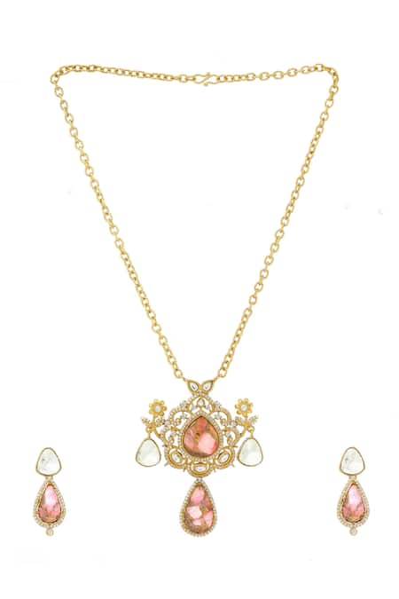 Ruby Raang_Multi Color Imitation Gemstones Natural Earrings And Necklace Set _Online_at_Aza_Fashions