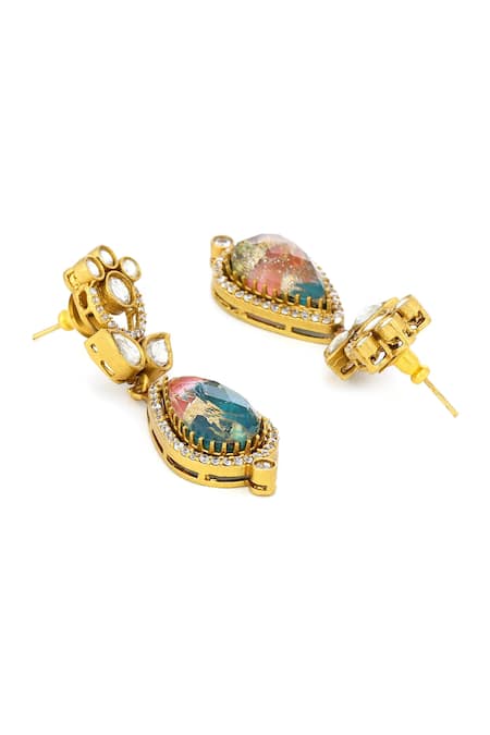 Ruby Raang_Multi Color Gemstones, Natural Antique Finish Earrings And Necklace Set _Online_at_Aza_Fashions