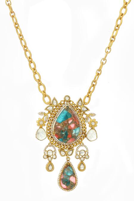 Shop_Ruby Raang_Multi Color Gemstones, Natural Antique Finish Earrings And Necklace Set _Online_at_Aza_Fashions