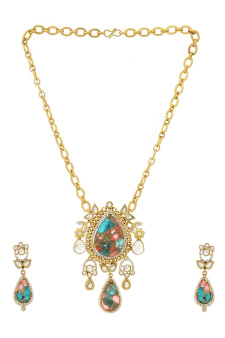 Ruby Raang_Multi Color Gemstones, Natural Antique Finish Earrings And Necklace Set _at_Aza_Fashions