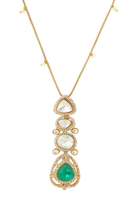 Shop_Ruby Raang_Gold Plated Stones Natural Antique Finish Earrings And Necklace Set _Online_at_Aza_Fashions