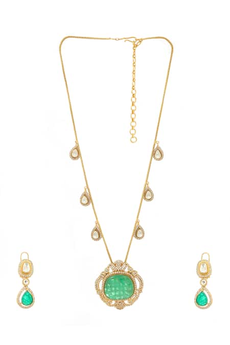 Buy_Ruby Raang_Green Crystals, Stones Natural Antique Finish Earrings And Necklace Set _Online_at_Aza_Fashions