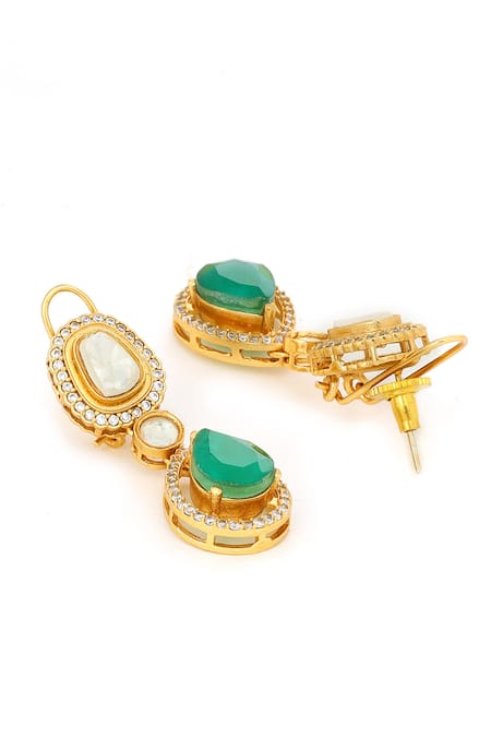 Shop_Ruby Raang_Green Crystals, Stones Natural Antique Finish Earrings And Necklace Set _Online_at_Aza_Fashions