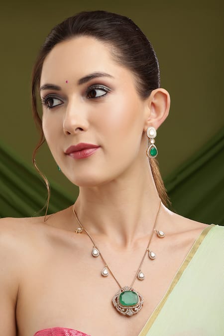 Ruby Raang Green Crystals, Stones Natural Antique Finish Earrings And Necklace Set 