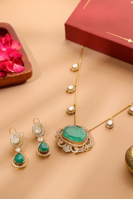 Shop_Ruby Raang_Green Crystals, Stones Natural Antique Finish Earrings And Necklace Set _at_Aza_Fashions