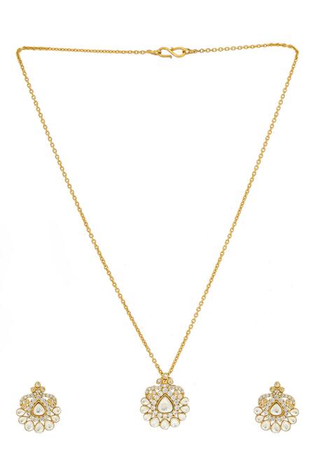 Ruby Raang_Gold Plated Imitation Gemstones Kundan Antique Finish Earrings And Necklace Set _at_Aza_Fashions