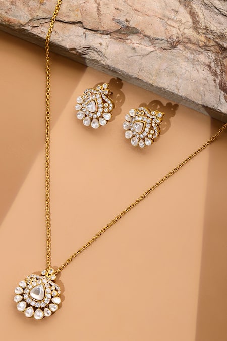 Shop_Ruby Raang_Gold Plated Imitation Gemstones Kundan Antique Finish Earrings And Necklace Set _at_Aza_Fashions