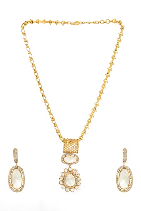 Shop_Ruby Raang_Gold Plated Stones Kundan Antique Finish Earrings And Necklace Set _Online_at_Aza_Fashions
