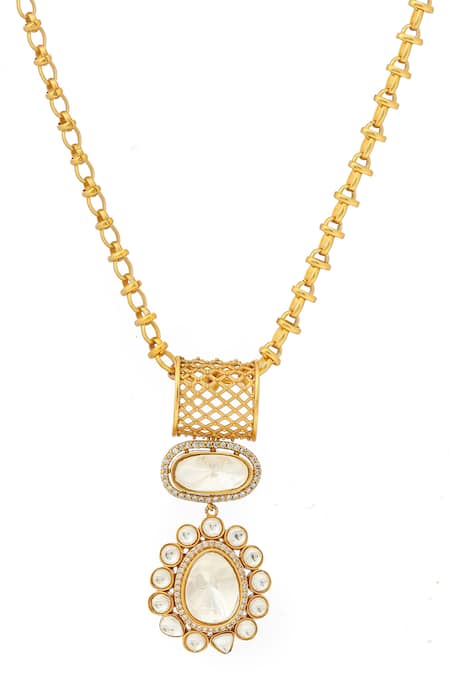 Ruby Raang_Gold Plated Stones Kundan Antique Finish Earrings And Necklace Set _at_Aza_Fashions