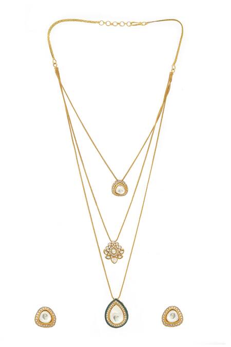 Ruby Raang_Gold Plated Kundan Antique Finish Earrings And Dew Drop Necklace Set _Online_at_Aza_Fashions