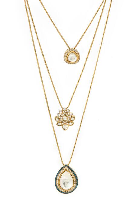 Buy_Ruby Raang_Gold Plated Kundan Antique Finish Earrings And Dew Drop Necklace Set _Online_at_Aza_Fashions