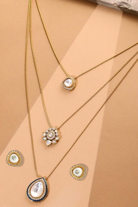 Shop_Ruby Raang_Gold Plated Kundan Antique Finish Earrings And Dew Drop Necklace Set _at_Aza_Fashions