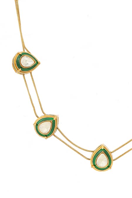 Ruby Raang_Gold Plated Stones Green Meenakari Antique Finish Earrings And Drop Necklace Set _Online_at_Aza_Fashions