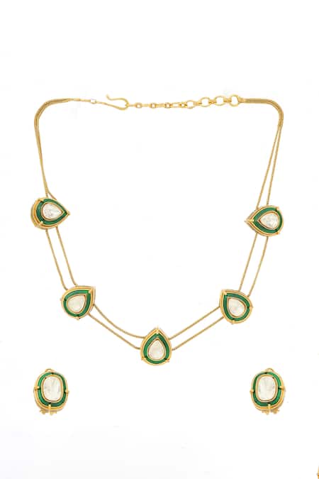 Shop_Ruby Raang_Gold Plated Stones Green Meenakari Antique Finish Earrings And Drop Necklace Set _Online_at_Aza_Fashions