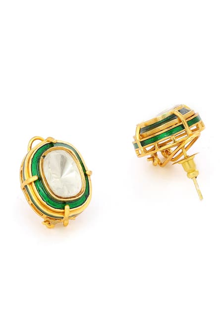 Ruby Raang_Gold Plated Stones Green Meenakari Antique Finish Earrings And Drop Necklace Set _at_Aza_Fashions