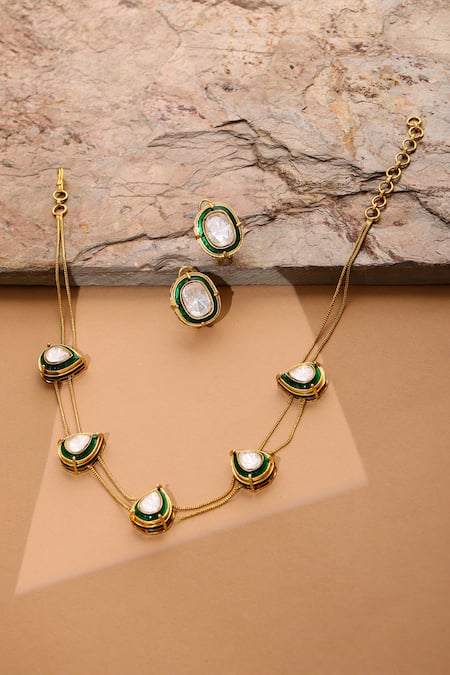 Shop_Ruby Raang_Gold Plated Stones Green Meenakari Antique Finish Earrings And Drop Necklace Set _at_Aza_Fashions