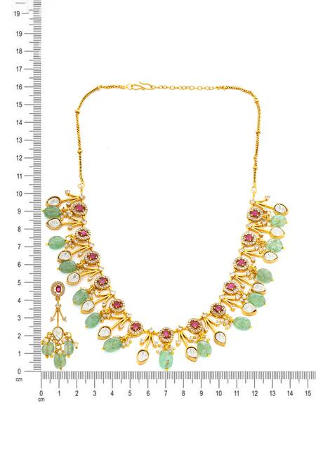 Buy Ruby Raang Gold Plated Stones Natural Antique Finish Earrings And Choker Necklace Set Online at Aza Fashions Buy_Ruby Raang_Gold Plated Stones Natural Antique Finish Earrings And Choker Necklace Set _Online_at_Aza_Fashions