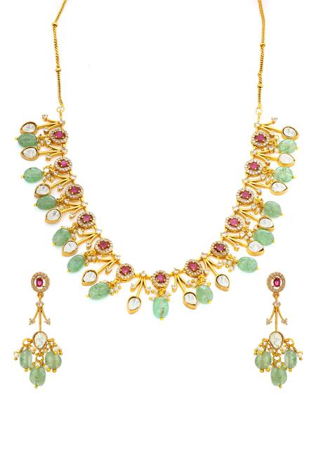 Shop_Ruby Raang_Gold Plated Stones Natural Antique Finish Earrings And Choker Necklace Set _Online_at_Aza_Fashions