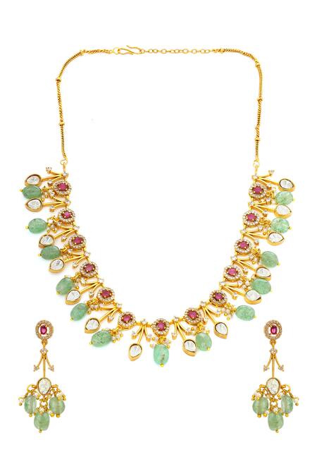 Ruby Raang_Gold Plated Stones Natural Antique Finish Earrings And Choker Necklace Set _at_Aza_Fashions