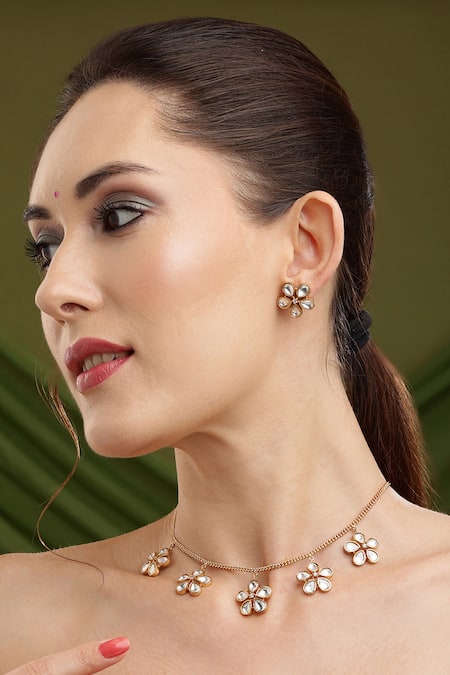 Ruby Raang Gold Plated Stones Kundan Antique Finish Floral Earrings And Necklace Set 