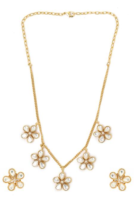 Shop_Ruby Raang_Gold Plated Stones Kundan Antique Finish Floral Earrings And Necklace Set _Online_at_Aza_Fashions