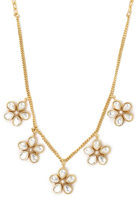 Ruby Raang_Gold Plated Stones Kundan Antique Finish Floral Earrings And Necklace Set _at_Aza_Fashions