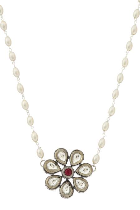 Buy_Ruby Raang_Silver Plated Flower Kundan Necklace _Online_at_Aza_Fashions