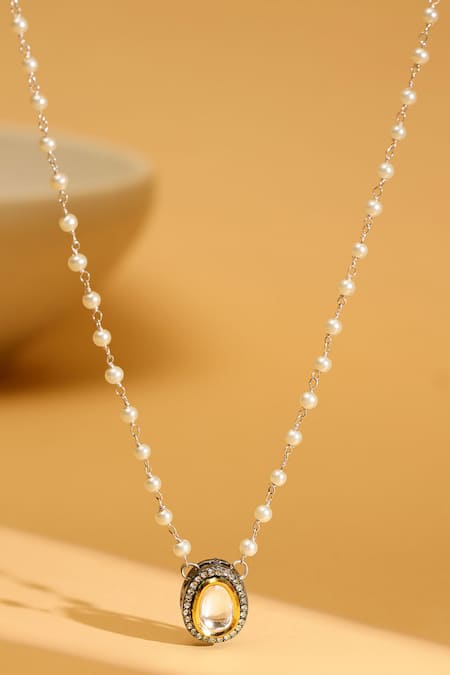 Shop_Ruby Raang_Silver Plated Beaded Kundan Necklace _at_Aza_Fashions