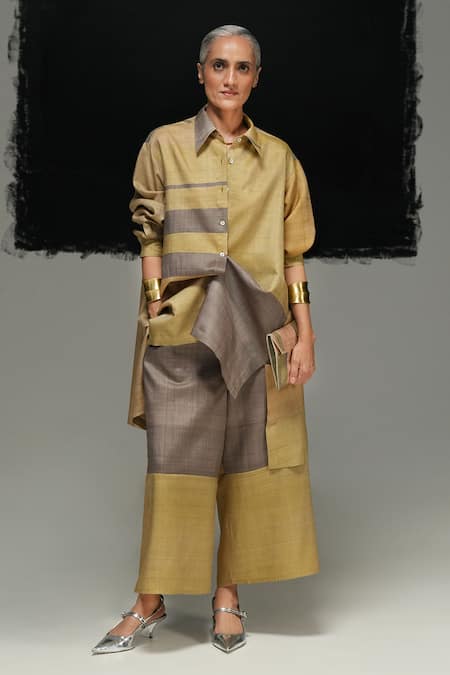 Urvashi Kaur Multi Color Tussar Collared Multicolor Gamma Shirt 