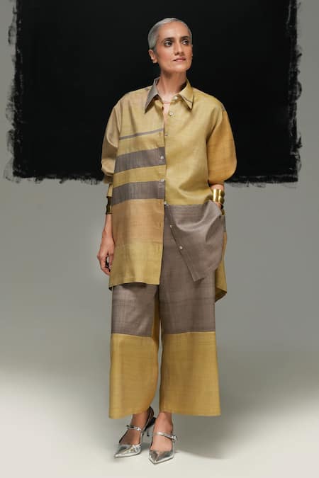 Urvashi Kaur Multi Color Tussar Collared Multicolor Gamma Shirt Online at Aza Fashions Urvashi Kaur_Multi Color Tussar Collared Multicolor Gamma Shirt _Online_at_Aza_Fashions