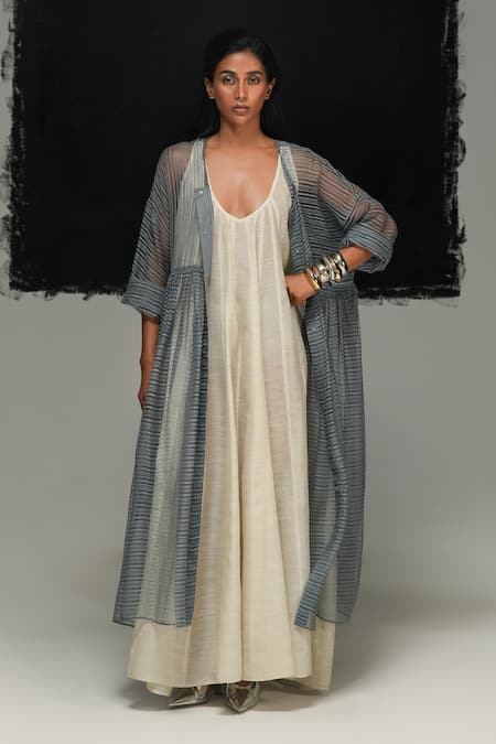 Urvashi Kaur Gray Linen Open Neck Misty Grey Overlay 