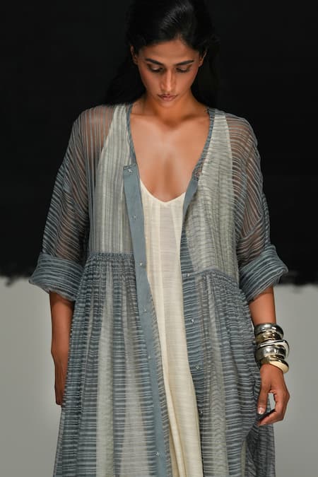 Shop Urvashi Kaur Gray Linen Open Neck Misty Grey Overlay Online at Aza Fashions Shop_Urvashi Kaur_Gray Linen Open Neck Misty Grey Overlay _Online_at_Aza_Fashions